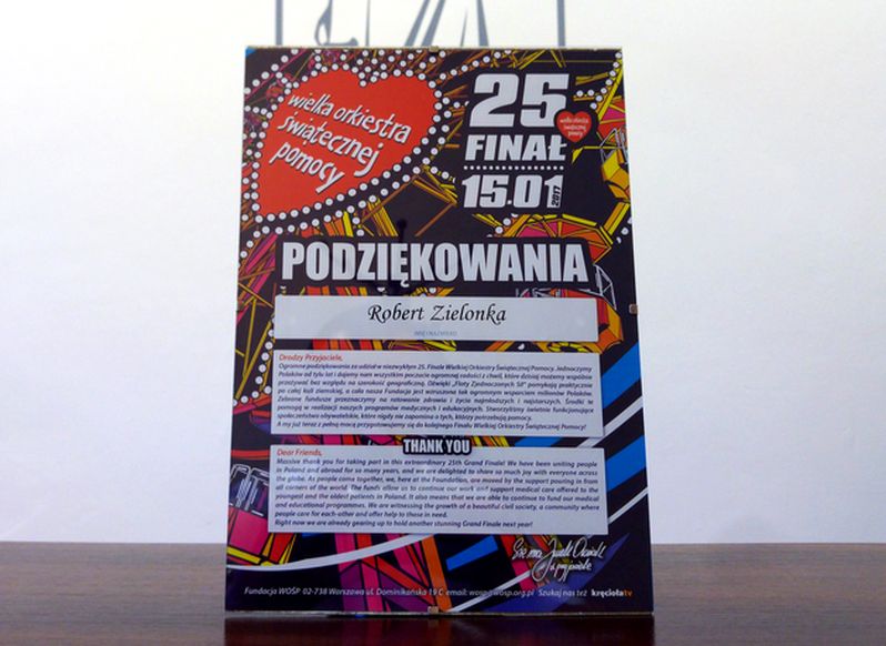 podziękowanie od WOŚP dla Roberta Zielonki Jerzy Owsiak